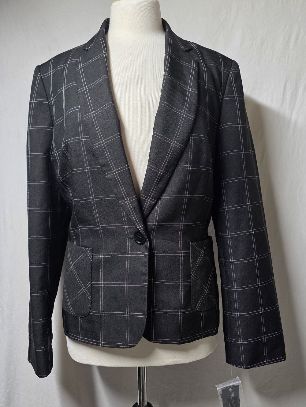 BLACK LABEL BY EVAN-PICONE BLACK WHITE PLAID L/S ONE BUTTON BLAZER SIZE 14 NWT